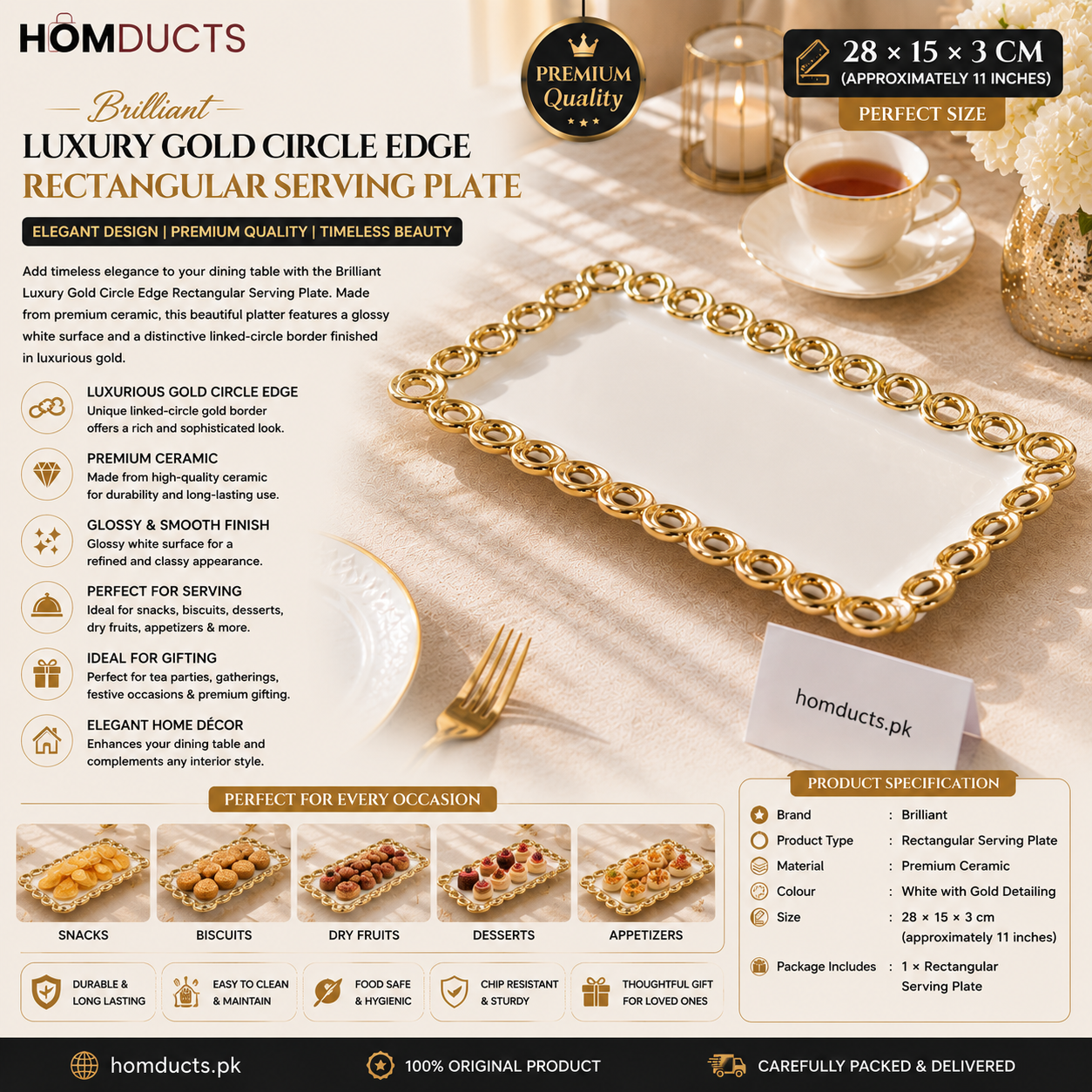 Brilliant Luxury Gold Ring Border Rectangular Ceramic Serving Tray – 11 Inch