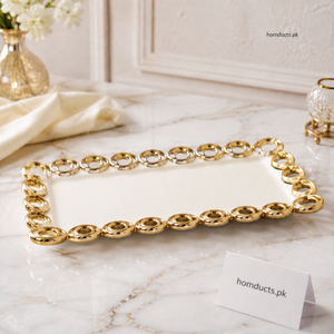 Brilliant Luxury Gold Ring Border Rectangular Ceramic Serving Tray – 11 Inch
