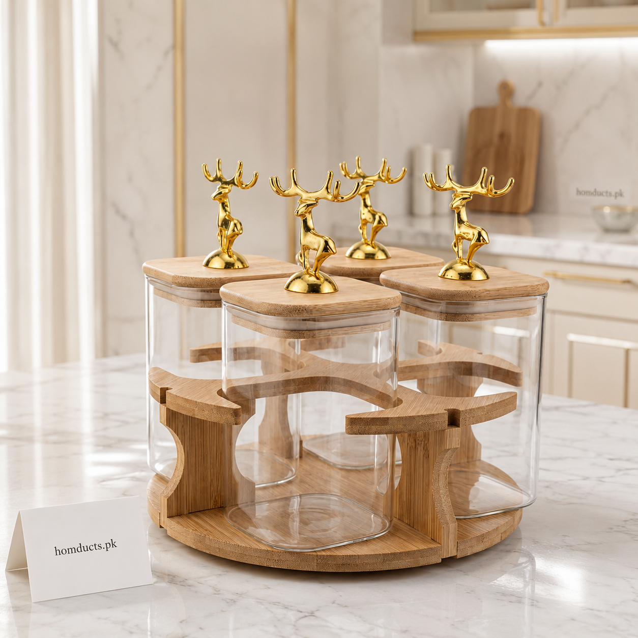 Luxury 4-Piece Glass Spice Jar Set with Bamboo Rotating Stand & Gold Reindeer Lids