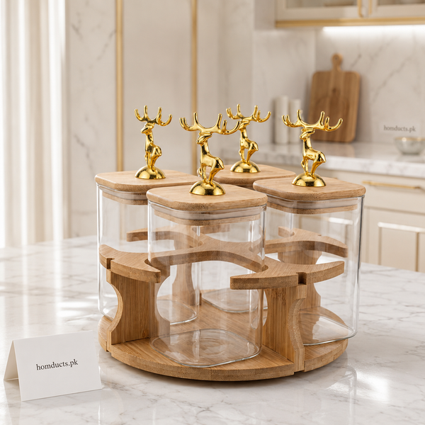 Luxury 4-Piece Glass Spice Jar Set with Bamboo Rotating Stand & Gold Reindeer Lids