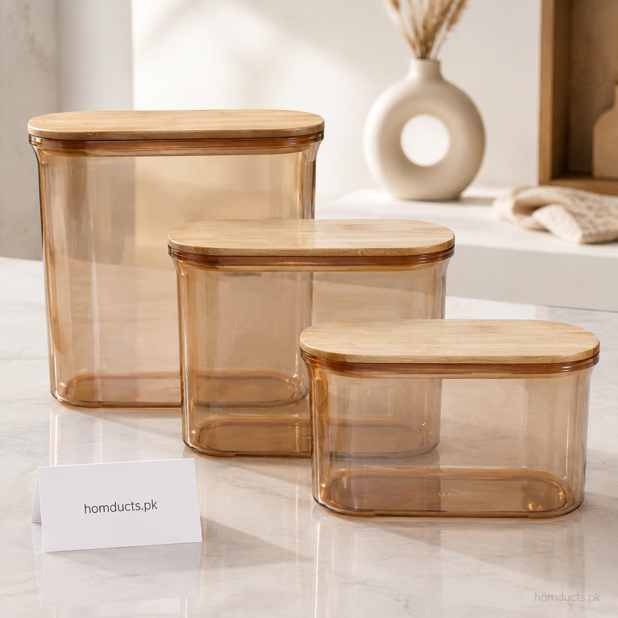 Premium Amber Airtight Food Storage Container Set with Bamboo Lids – 3 Pieces