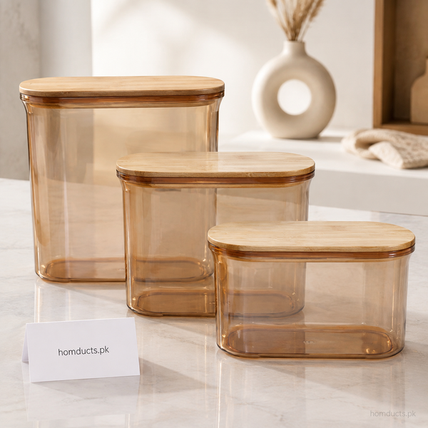 Premium Amber Airtight Food Storage Container Set with Bamboo Lids – 3 Pieces