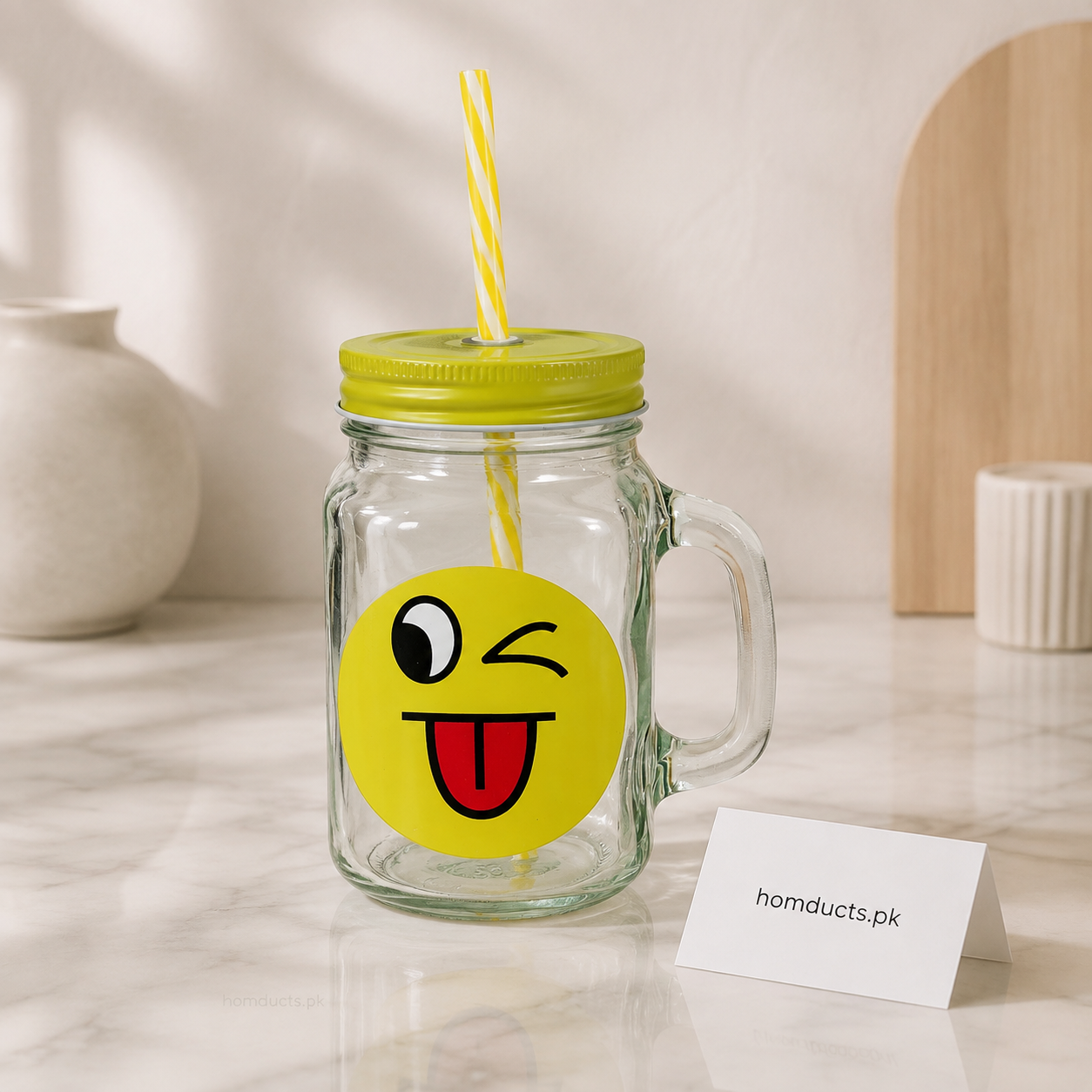 Cute Emoji Glass Mason Jar Mug with Handle, Lid & Reusable Straw – 480ml