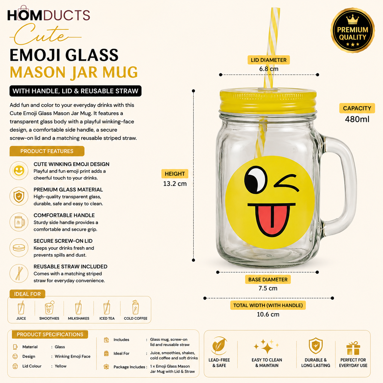 Cute Emoji Glass Mason Jar Mug with Handle, Lid & Reusable Straw – 480ml