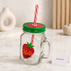Hello Summer Strawberry Glass Mason Jar Mug with Watermelon-Design Lid, Handle & Straw – 480ml