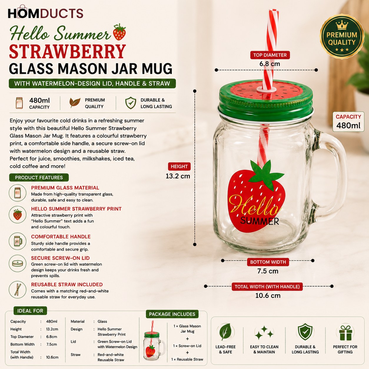 Hello Summer Strawberry Glass Mason Jar Mug with Watermelon-Design Lid, Handle & Straw – 480ml