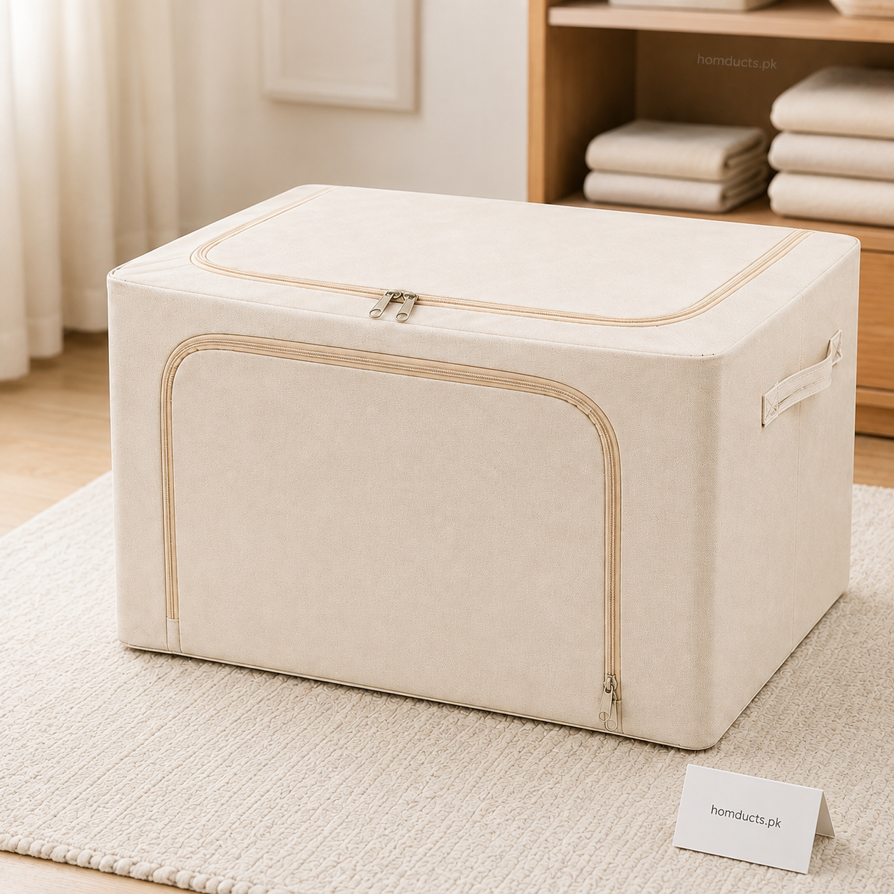 60L Extra Large Foldable Fabric Storage Box with Metal Frame, Dual Zippers & Handles