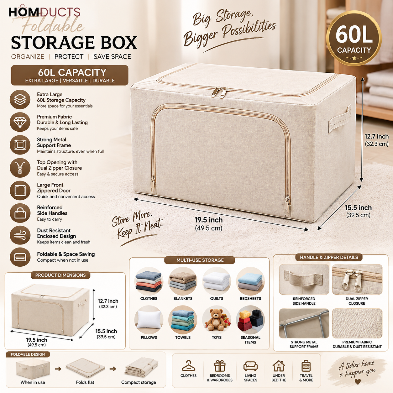 60L Extra Large Foldable Fabric Storage Box with Metal Frame, Dual Zippers & Handles