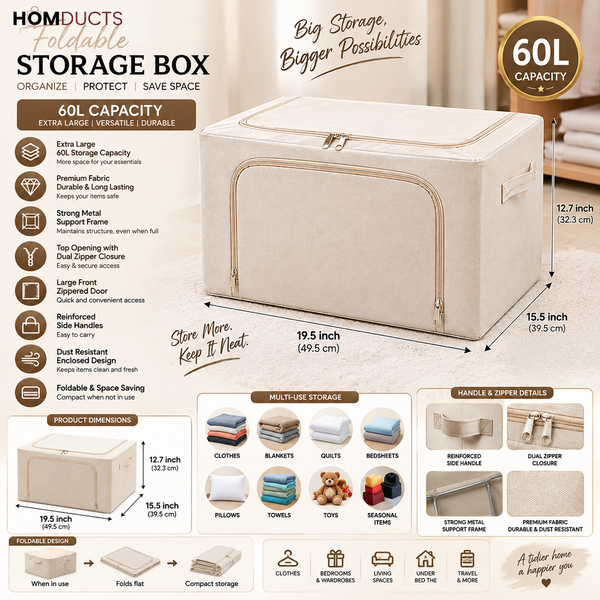 60L Extra Large Foldable Fabric Storage Box with Metal Frame, Dual Zippers & Handles