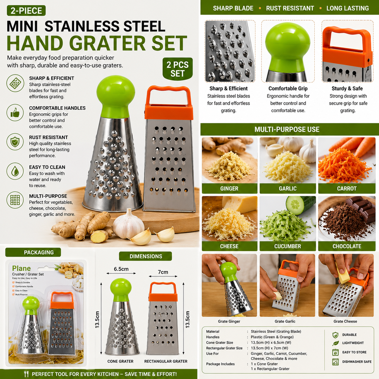 2-Piece Mini Stainless Steel Hand Grater Set with Comfortable Handles – 13.5cm