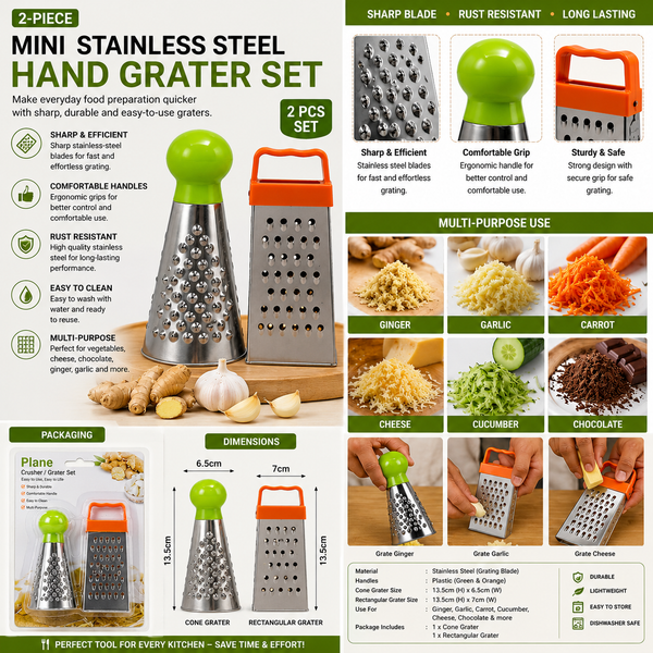 2-Piece Mini Stainless Steel Hand Grater Set with Comfortable Handles – 13.5cm