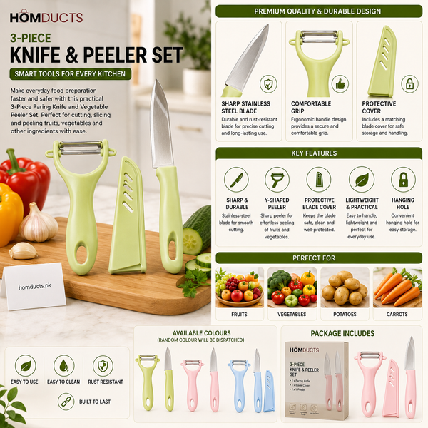 3-Piece Stainless Steel Paring Knife with Protective Cover & Vegetable Peeler – Random Colour