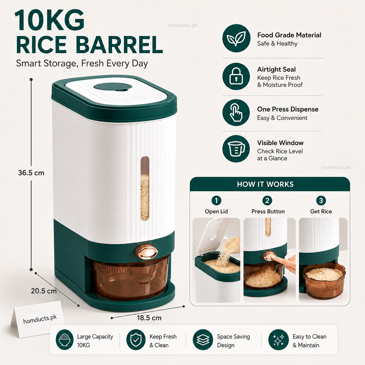 10KG Automatic Rice Dispenser with Measuring Cup – Airtight Food-Grade Grain Storage Container (Green)