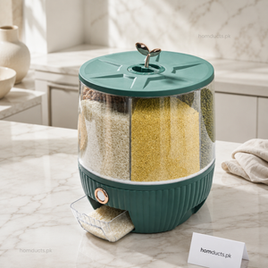 10KG 6-Compartment Rotating Grain & Rice Dispenser with Push Button and Measuring Cup