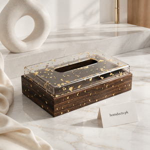 Luxury Wooden Tissue Box with Transparent Acrylic Gold Flake Lid – Decorative Tissue Holder
