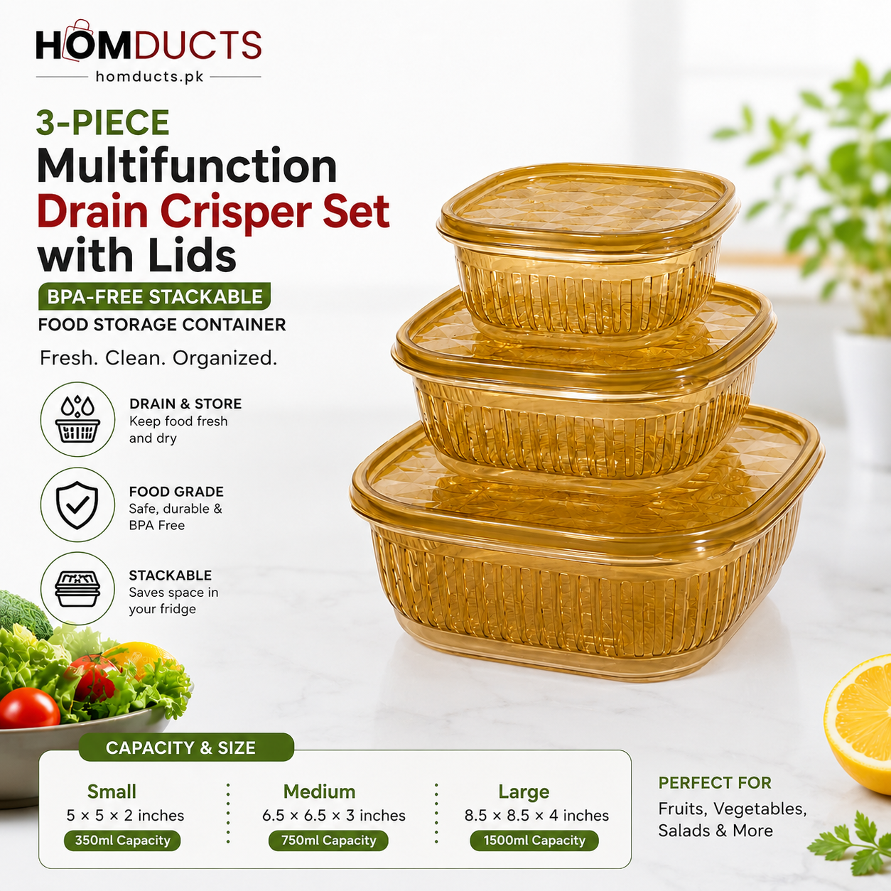 3-Piece Multifunction Drain Crisper Set with Lids – BPA-Free Stackable Food Storage Containers