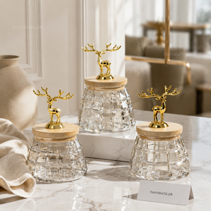 3-Piece Luxury Glass Storage Jar Set with Wooden Lids & Gold Deer Handles