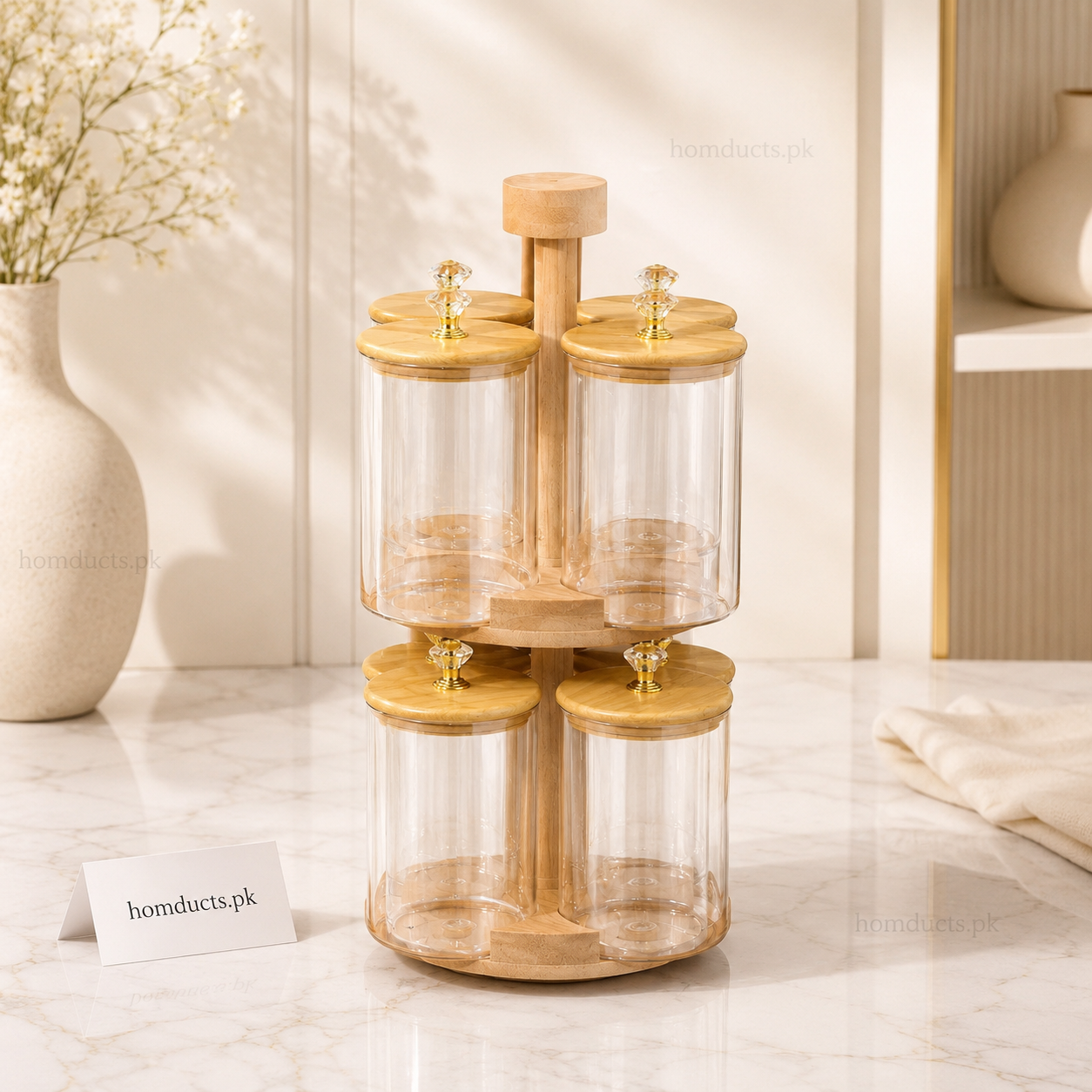 8-Piece Rotating Diamond Storage Jar Set with Wooden Stand – Airtight Kitchen Organizer