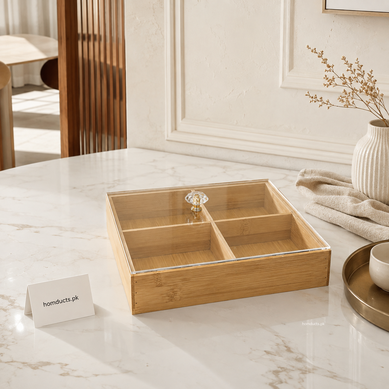4-Grid Bamboo Dry Fruit Box with Transparent Lid – Multipurpose Snack & Serving Organizer