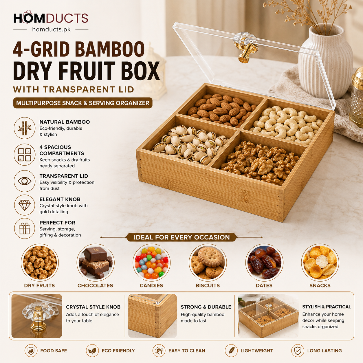 4-Grid Bamboo Dry Fruit Box with Transparent Lid – Multipurpose Snack & Serving Organizer