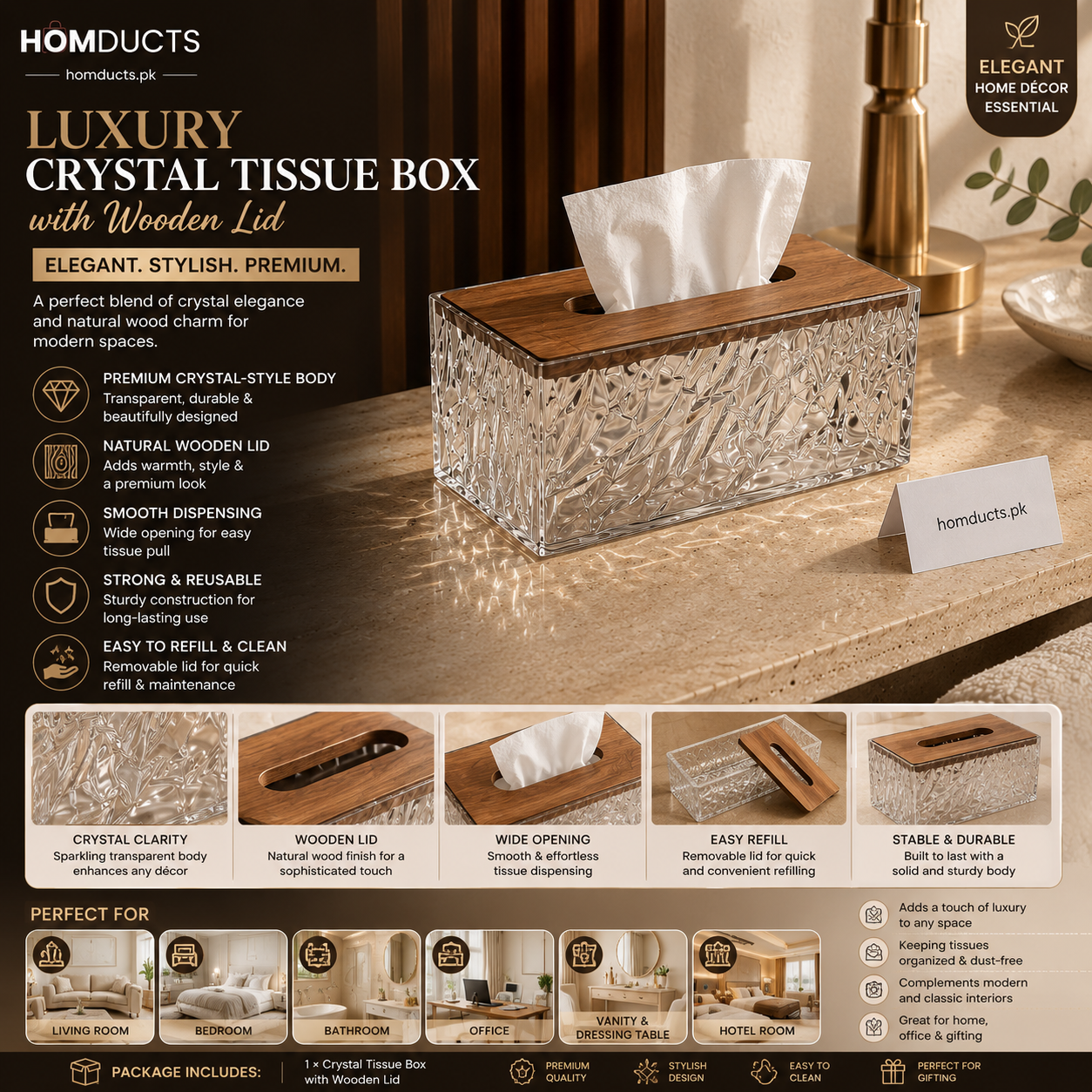 Luxury Crystal Tissue Box with Wooden Lid – Elegant Transparent Tissue Holder