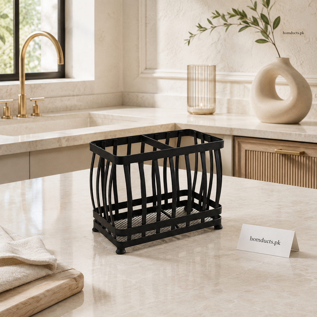 2-Compartment Black Metal Cutlery Holder – Countertop Kitchen Utensil Organizer