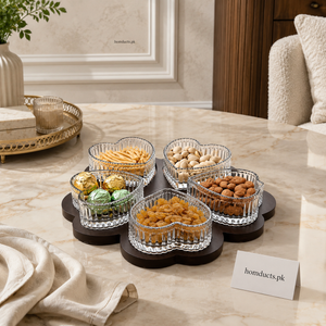 5-Piece Rotating Heart-Shaped Glass Dry Fruit & Snack Bowl Set with Wooden Stand
