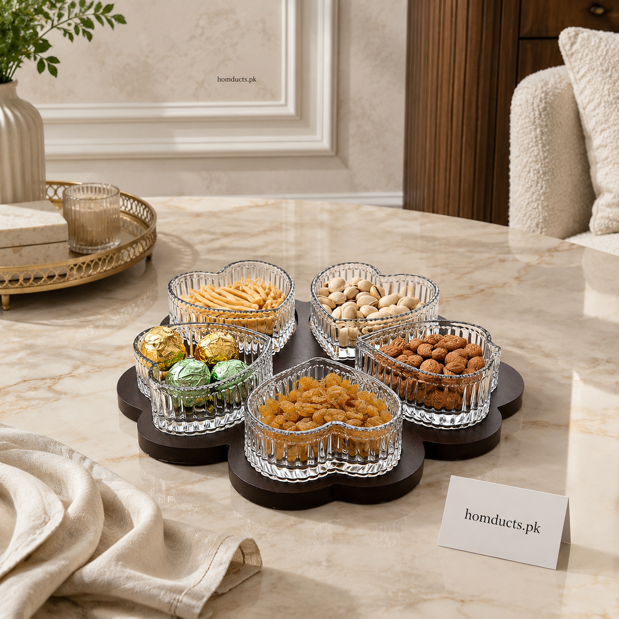 5-Piece Rotating Heart-Shaped Glass Dry Fruit & Snack Bowl Set with Wooden Stand