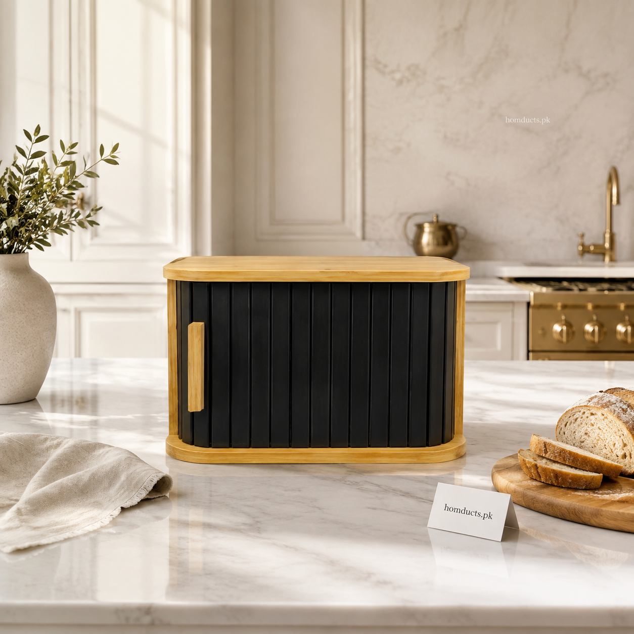 Premium Bamboo Bread Box with Black Roll-Top Shutter – Kitchen Countertop Bread Storage Organizer