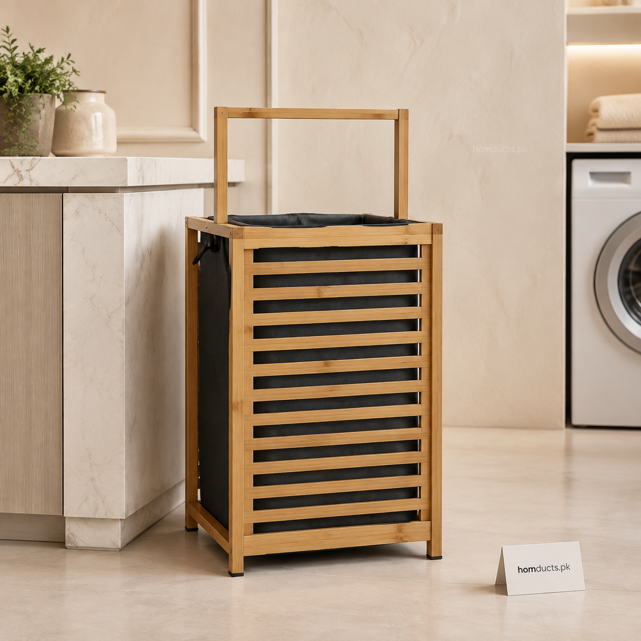 Single Laundry Basket with Natural Bamboo Frame & Removable Fabric Bag