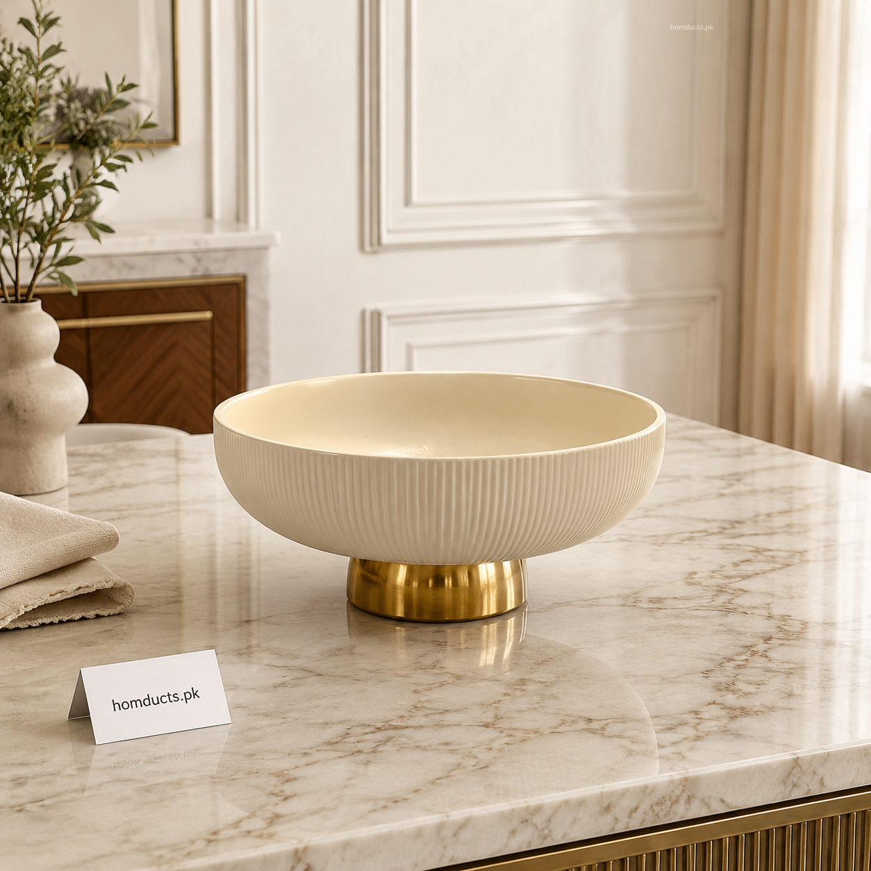 Luxury 10-Inch Ribbed Ceramic Fruit Bowl with Golden Pedestal Base