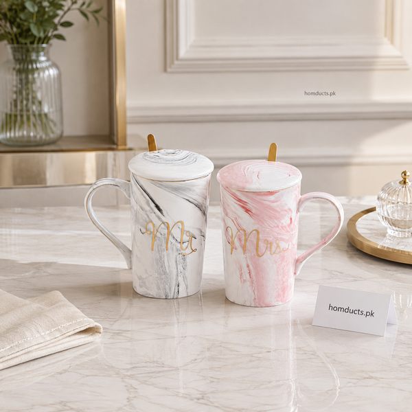 2-Piece Mr & Mrs Marble Ceramic Mug Set with Lids & Gold Spoons – 380ml