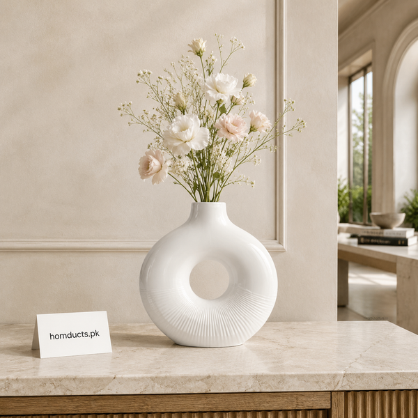 Luxury White Ceramic Donut Vase with Textured Design – Modern Decorative Flower Vase for Home Décor