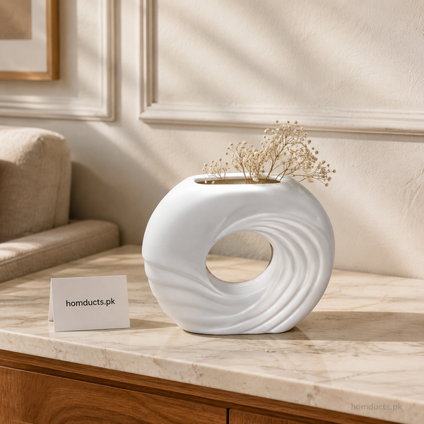 LunaFlow White Ceramic Sculptural Vase – Modern Wave Donut Flower Vase for Home Décor