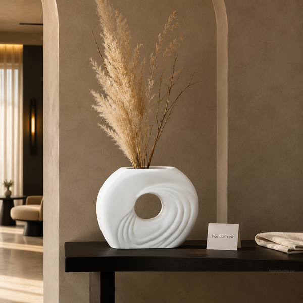 LunaFlow White Ceramic Sculptural Vase – Modern Wave Donut Flower Vase for Home Décor