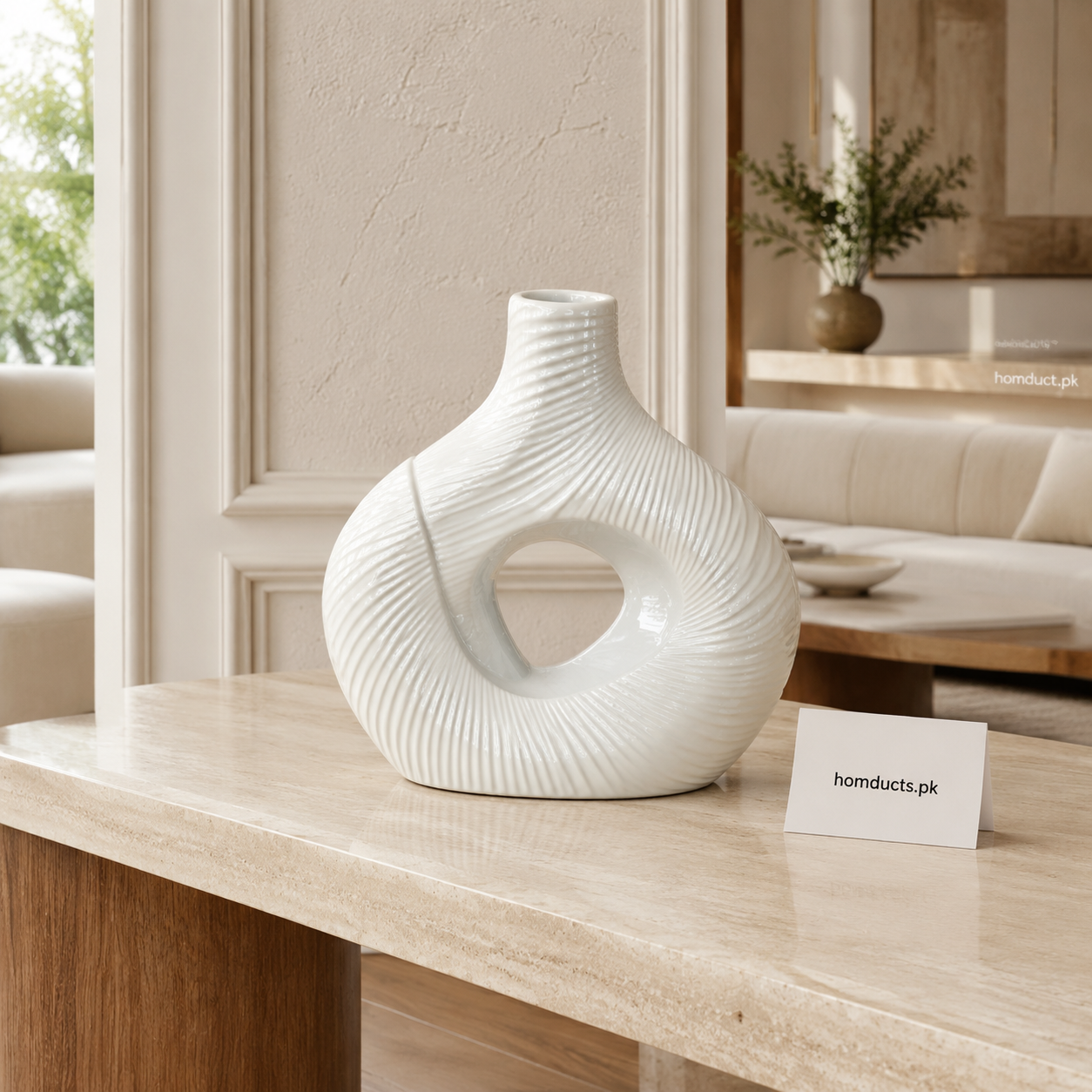 Luxury White Ceramic Sculptural Loop Vase – Modern Textured Flower Vase for Home Décor
