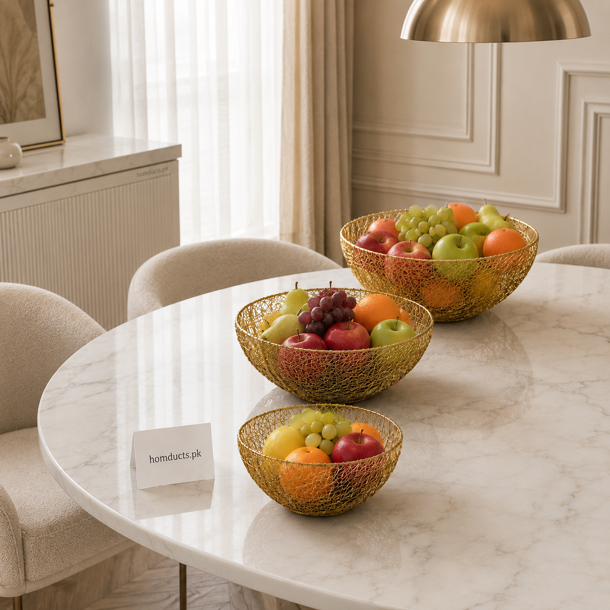 3 pcs Golden Metal Mesh Fruit Basket – Decorative Serving Bowl (Small, Medium & Large)
