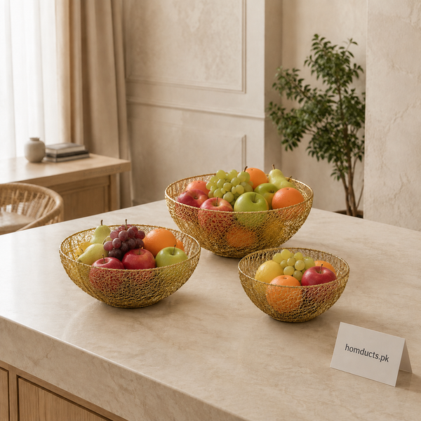 3 pcs Golden Metal Mesh Fruit Basket – Decorative Serving Bowl (Small, Medium & Large)