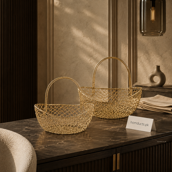 Royal Golden Wire Basket Set with Handles – Luxury Fruit & Vegetable Organizer