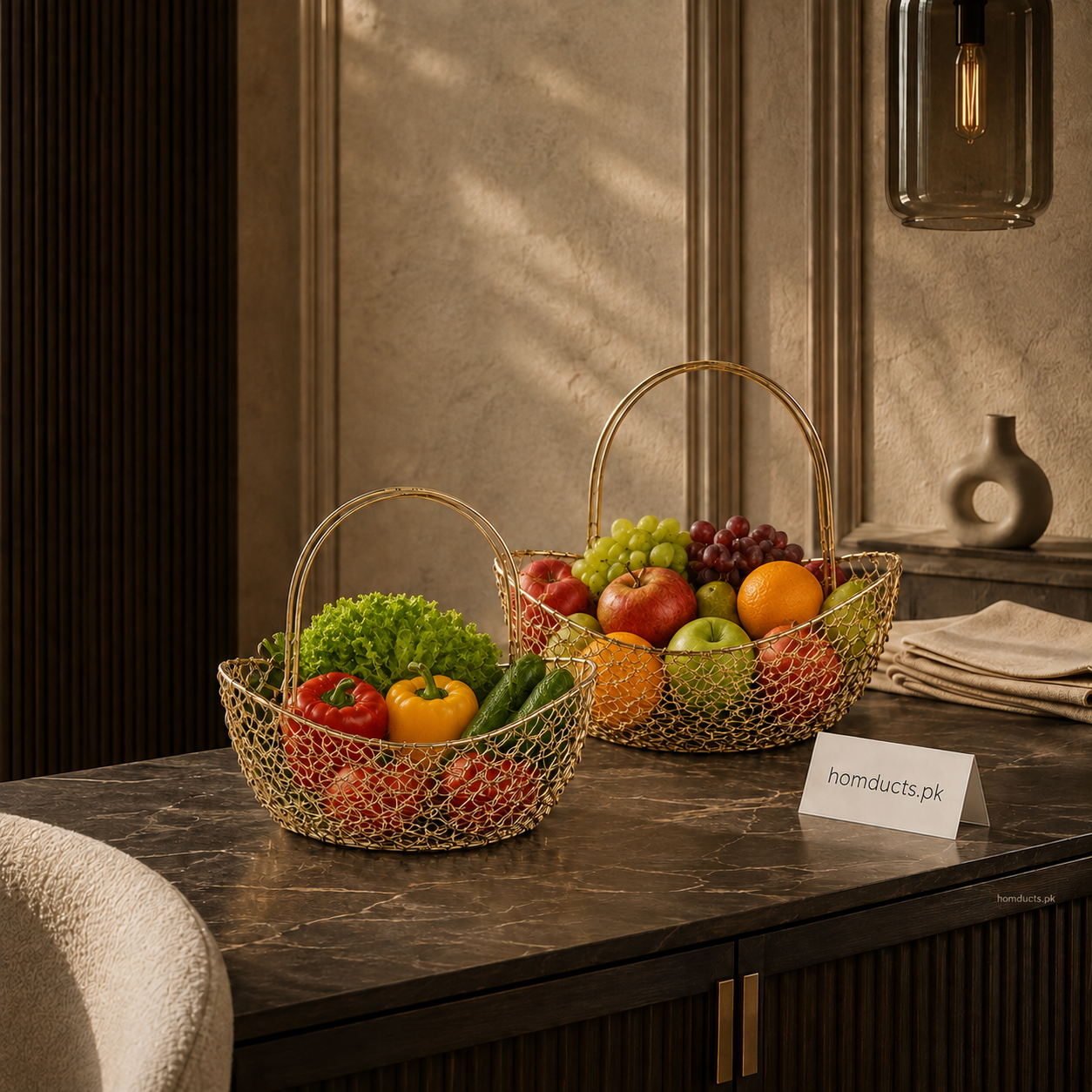 Royal Golden Wire Basket Set with Handles – Luxury Fruit & Vegetable Organizer
