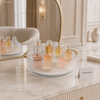 Luxury Rotating Acrylic Perfume Tray with Gold Handles – Round Ribbed Cosmetic Organizer