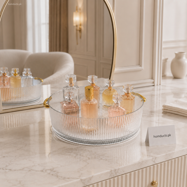 Luxury Rotating Acrylic Perfume Tray with Gold Handles – Round Ribbed Cosmetic Organizer