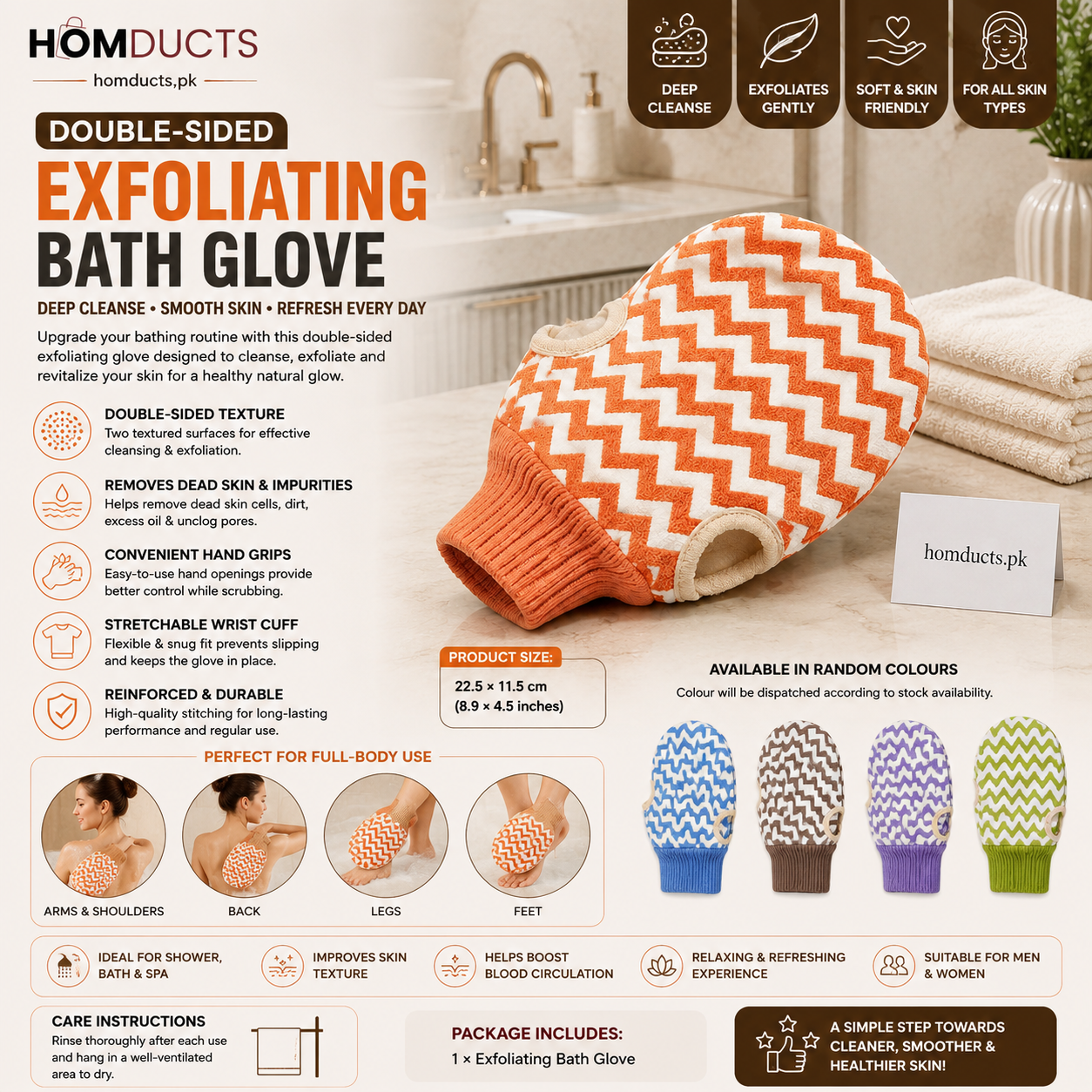 Double-Sided Exfoliating Bath Glove with Hand Grips – Body Scrubber Mitt
