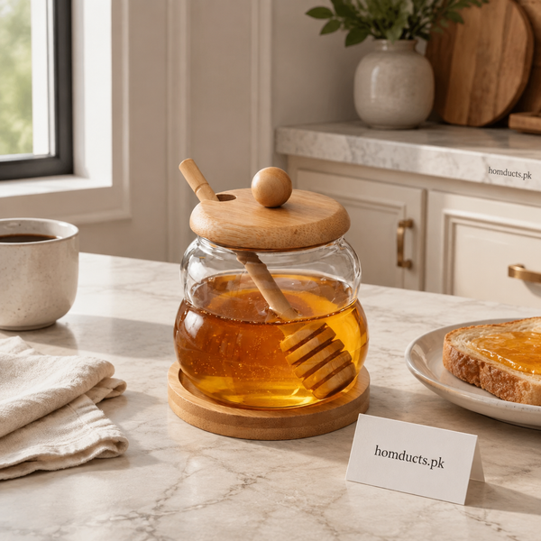 300ml Glass Honey Jar with Bamboo Lid, Wooden Dipper & Base