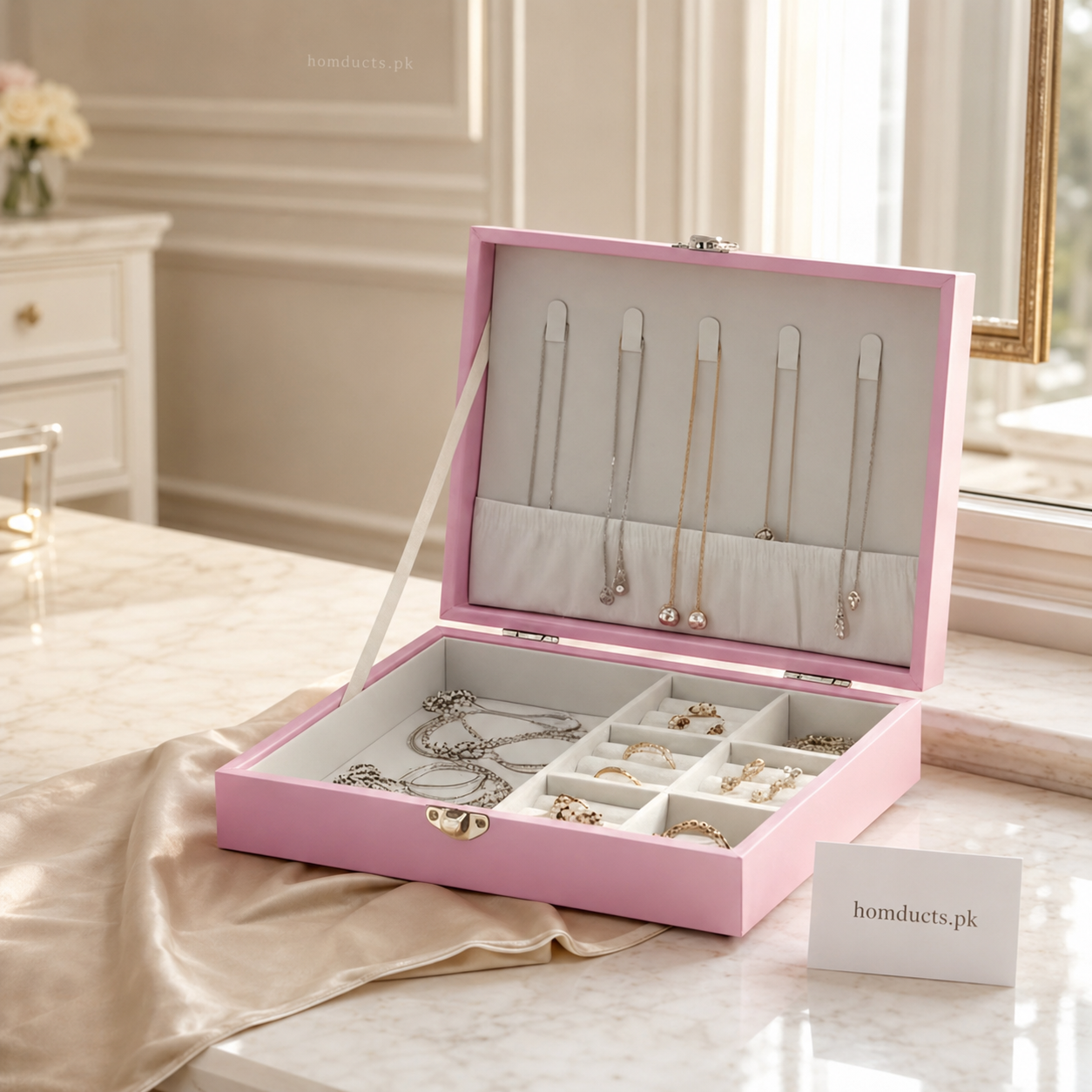 Luxury Pink Jewellery Organizer Box with Necklace Hooks & Ring Compartments