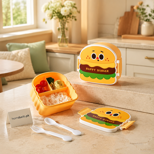Cute Happy Burger Kids Lunch Box with Compartments, Spoon & Fork