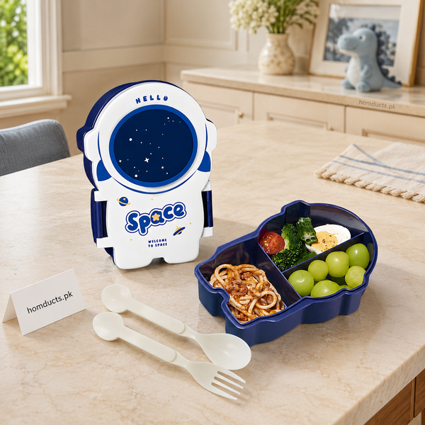 Kids Astronaut Space Lunch Box with 3 Compartments, Spoon & Fork – Leak-Resistant School Bento Box