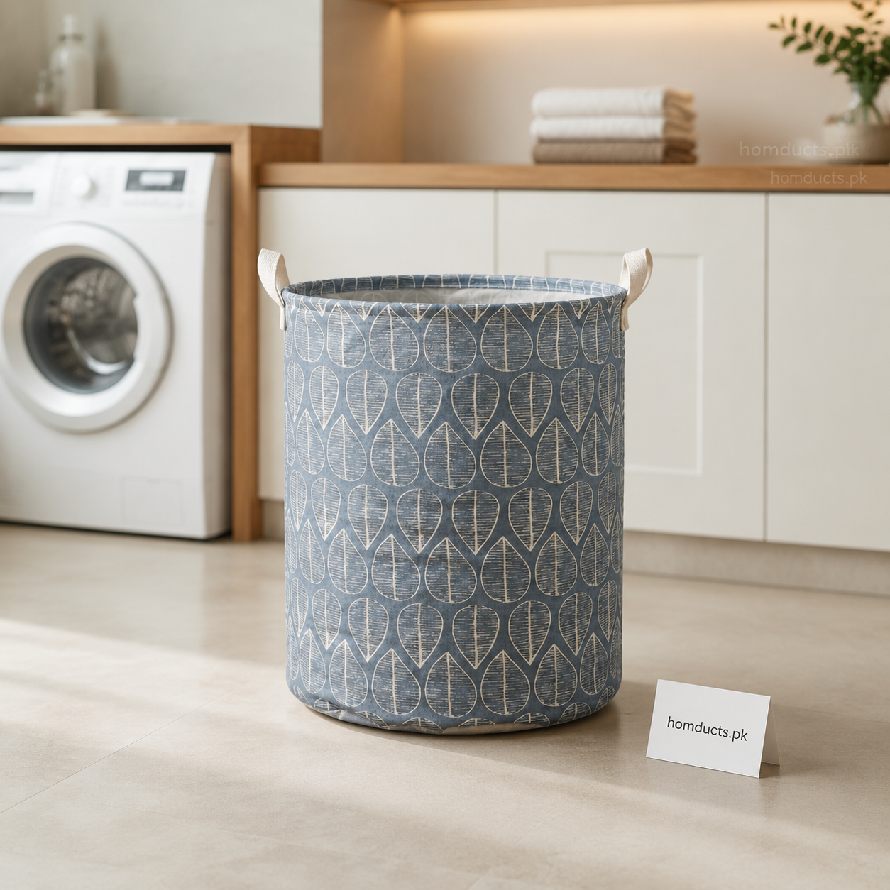 Large Foldable Fabric Laundry Basket with Handles – Grey Leaf Print, 35 × 45 cm