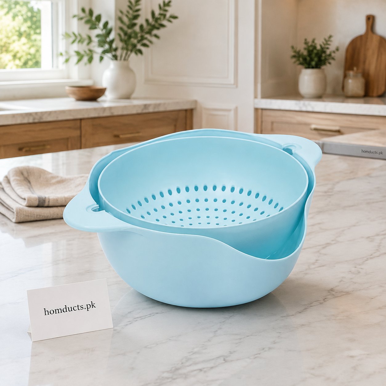 2-in-1 Plastic Washing Bowl with Strainer Colander – Vegetable & Fruit Draining Basket (23cm)-(Random colours)