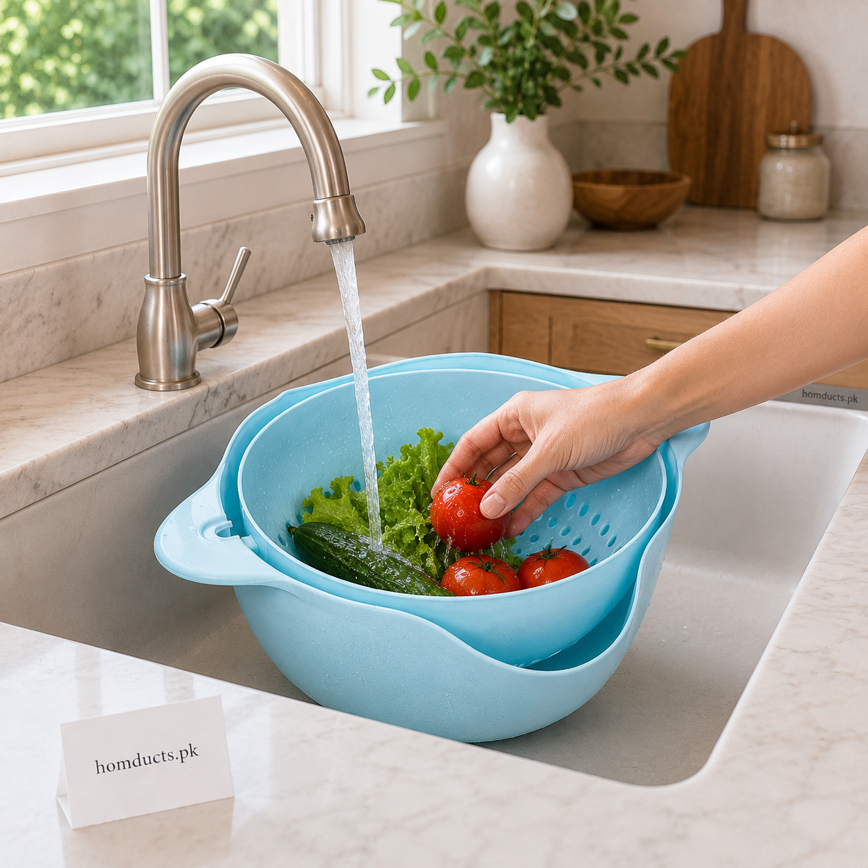 2-in-1 Plastic Washing Bowl with Strainer Colander – Vegetable & Fruit Draining Basket (23cm)-(Random colours)